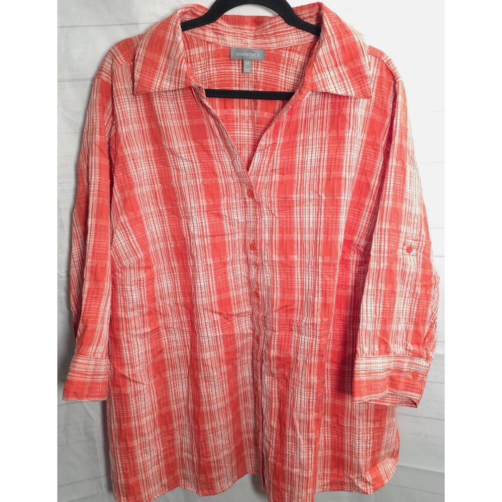 Essentials Top‎ Womens Plus Size 3X XXX Plaid Button-Down Roll Tab Sleeves Shirt